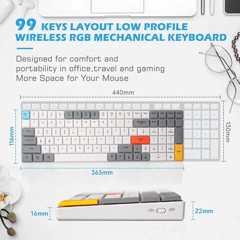 كيبورد ميكانيكي منخفض المستوى من اودايكل 99 مفتاحا ثلاثي الاوضاع 2.4G/USB-C/بلوتوث، كيبورد ميكانيكية لاسلكية مع اضاءة خلفية RGB متوافقة مع انظمة ويندوز وماك او اس، مفتاح بني، ابيض in Saudi Arabia