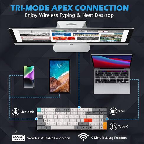 كيبورد ميكانيكي منخفض المستوى من اودايكل 99 مفتاحا ثلاثي الاوضاع 2.4G/USB-C/بلوتوث، كيبورد ميكانيكية لاسلكية مع اضاءة خلفية RGB متوافقة مع انظمة ويندوز وماك او اس، مفتاح بني، ابيض in Saudi Arabia