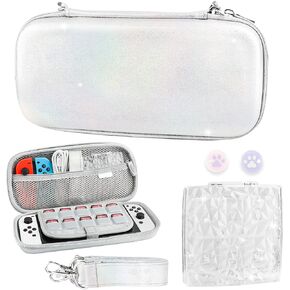 حزمة حقيبة حمل لامعة GLDRAM لجهاز Nintendo Switch وSwitch OLED، مجموعة ملحقات حمل فضية للسفر للتبديل مع حزام الكتف، حقيبة ألعاب ماسية شفافة، أغطية قبضة الإبهام in Kuwait