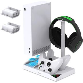 محطة مروحة تبريد FASTSNAIL لأجهزة Xbox Series S - حزمة بطارية قابلة لإعادة الشحن بقدرة 1400 مللي أمبير في الساعة وقاعدة شحن وحدة تحكم مزدوجة، حامل تبريد عالي السرعة مع حامل سماعة رأس متوافق مع وحدة تحكم Xbox Series S in Kuwait