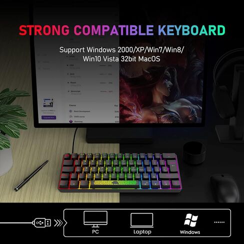 لوحة مفاتيح ألعاب ميكانيكية محمولة بنسبة 60%، 20 حرفًا متوهجة بإضاءة خلفية كروما RGB من النوع C، سلكية، 62 مفتاحًا، لوحة مفاتيح ألعاب مقاومة للماء ومضادة للظلال بالكامل، لوحة ماوس ألعاب للاعبين والكتابين in Kuwait