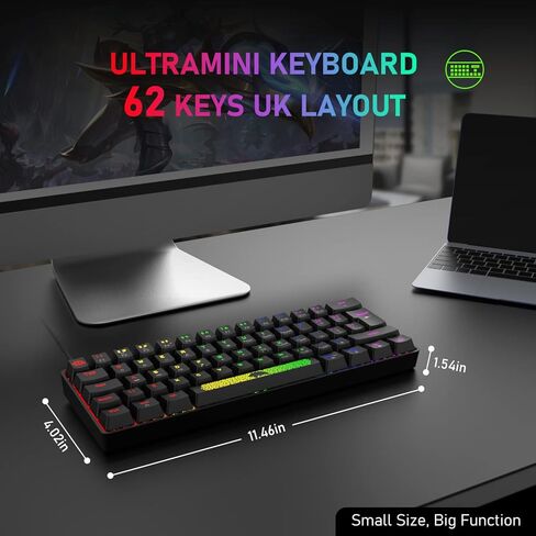 لوحة مفاتيح ألعاب ميكانيكية محمولة بنسبة 60%، 20 حرفًا متوهجة بإضاءة خلفية كروما RGB من النوع C، سلكية، 62 مفتاحًا، لوحة مفاتيح ألعاب مقاومة للماء ومضادة للظلال بالكامل، لوحة ماوس ألعاب للاعبين والكتابين in Kuwait