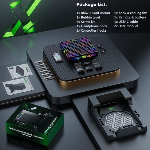 ZAONOOL Wall Mount with Cooling Fan for Xbox Series X - Wall Mount Kit & Remote Fan with 200+ RGB Light Modes - Wall Shelf for Xbox Series X Accessories with 2 Controller Holder & Headphone Hanger in Kuwait