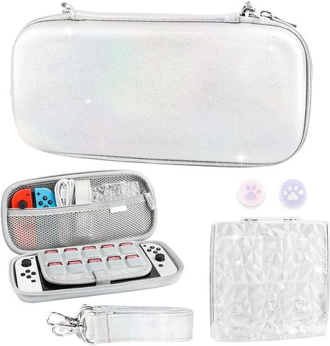 حزمة حقيبة حمل لامعة GLDRAM لجهاز Nintendo Switch وSwitch OLED، مجموعة ملحقات حمل فضية للسفر للتبديل مع حزام الكتف، حقيبة ألعاب ماسية شفافة، أغطية قبضة الإبهام in Kuwait