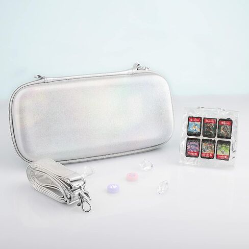 حزمة حقيبة حمل لامعة GLDRAM لجهاز Nintendo Switch وSwitch OLED، مجموعة ملحقات حمل فضية للسفر للتبديل مع حزام الكتف، حقيبة ألعاب ماسية شفافة، أغطية قبضة الإبهام in Kuwait