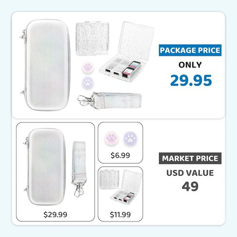 حزمة حقيبة حمل لامعة GLDRAM لجهاز Nintendo Switch وSwitch OLED، مجموعة ملحقات حمل فضية للسفر للتبديل مع حزام الكتف، حقيبة ألعاب ماسية شفافة، أغطية قبضة الإبهام in Kuwait