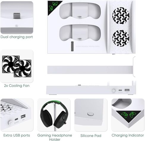 محطة مروحة تبريد FASTSNAIL لأجهزة Xbox Series S - حزمة بطارية قابلة لإعادة الشحن بقدرة 1400 مللي أمبير في الساعة وقاعدة شحن وحدة تحكم مزدوجة، حامل تبريد عالي السرعة مع حامل سماعة رأس متوافق مع وحدة تحكم Xbox Series S in Kuwait