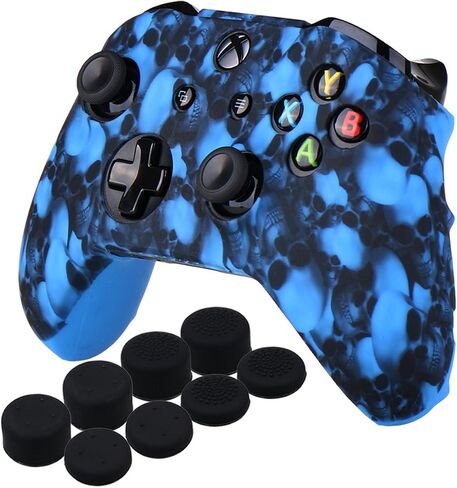 YoRHa Water Transfer Printing Skull Silicone Cover Skin Case for Microsoft Xbox One X & Xbox One S Controller x 1(Blue) with PRO Thumb Grips x 8 in Saudi Arabia