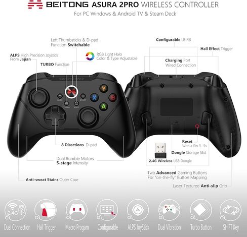 BEITONG Asura 2Pro PC وحدة تحكم ألعاب Hall Effect Trigger Wireless Gamepad لنظام التشغيل Windows 7 8 10 11 Switch Steam Deck Tesla، اهتزاز مزدوج/ماكرو/أزرار متقدمة/حساسية عصا التحكم وضبط المنطقة الميتة in Kuwait