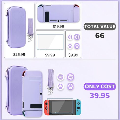 فانبل حزمة حافظة لملحقات نينتندو سويتش، حقيبة حمل لجهاز سويتش وجوي كون مع غطاء واقي ناعم من البولي يوريثين الحراري وواقي شاشة، 4 مقابض ابهام، حزام كتف - ارجواني in Kuwait