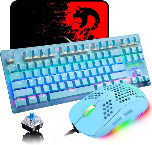 Mechanical Gaming Keyboard Blue Switch Mini 82 Keys Wired Rainbow LED Backlit Keyboard,Lightweight Gaming Mouse 6400DPI Honeycomb Optical,Gaming Mouse Pad for Gamers and Typists(Blue) in Kuwait