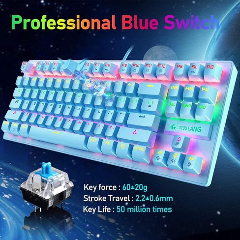 Mechanical Gaming Keyboard Blue Switch Mini 82 Keys Wired Rainbow LED Backlit Keyboard,Lightweight Gaming Mouse 6400DPI Honeycomb Optical,Gaming Mouse Pad for Gamers and Typists(Blue) in Kuwait
