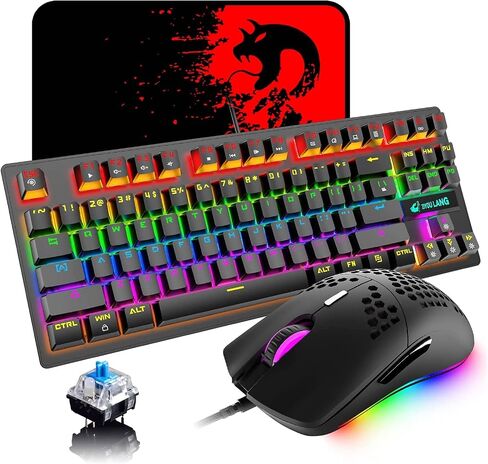 Mechanical Gaming Keyboard Blue Switch Mini 82 Keys Wired Rainbow LED Backlit Keyboard,Lightweight Gaming Mouse 6400DPI Honeycomb Optical,Gaming Mouse Pad for Gamers and Typists(Blue) in Kuwait