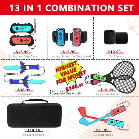 for Nintendo Switch Sports 13in1 Games Accessories Bundle Kit, for Mario Golf Clubs / Tennis Games Party wtih Portable Hand Bag, Soccer Leg Strap / Racket, Family / Children / Adult Gift Kit in Kuwait