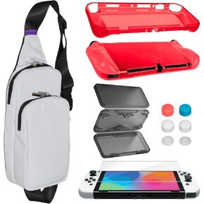 omarando TPU Case Cover Accessories Kit for Nintendo Switch (OLED Model),Shoulder Bag for Switch ,with Tempered Glass Screen Protector ,Thumb Grip Caps . Game Card Case (Transparent Purple) in Kuwait