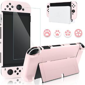 Pink Case for Nintendo Switch OLED Model 2021 with Screen Protector and 4 PCS Thumb Caps, Protective Hard Cover for Switch OLED Console & JoyCon - Ultra-Slim & Flip Shell