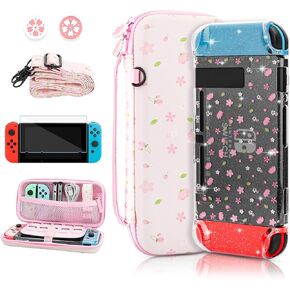 RHOTALL Sakura Pink Carrying Case Set for Nintendo Switch, Cute Cherry Blossom Storage Bag for Switch Accessories with Protective Case, Screen Protector, Adjustable Shoulder Strap and 2 Thumb Cap