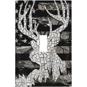 Black Usa Country American Flag Autumn Hunting Leaves Deer Antler Elk 1-Gang Device Single Toggle Outlet Light Switch Wall Plate Covers Electrical Midway Size Faceplate Decorative Switchplate