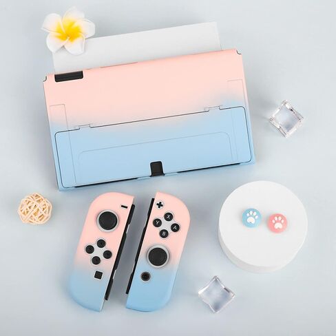 FANPL for Nintendo Switch OLED Case, Dockable Protective Case Cover for Switch OLED and Joy Con Controller with 2 Cat Paw Thumb Grips (Pink & Purple) in Kuwait