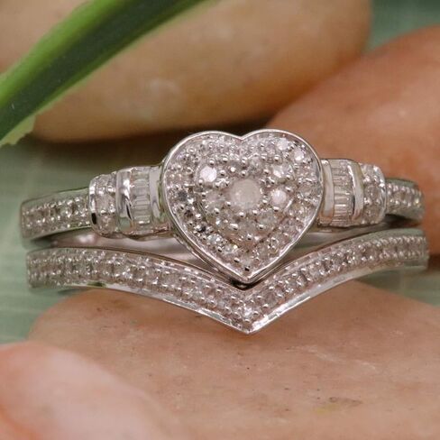 Dazzlingrock Collection 0.30 Carat (ctw) Round & Baguette Diamond Heart Shaped Engagement Ring Set 1/3 CT, Sterling Silver in Saudi Arabia