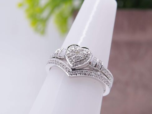 Dazzlingrock Collection 0.30 Carat (ctw) Round & Baguette Diamond Heart Shaped Engagement Ring Set 1/3 CT, Sterling Silver in Saudi Arabia