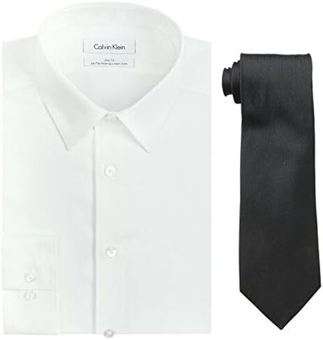 Calvin Klein Men's Slim Fit Herringbone Dress Shirt and Silver Spun Tie Combo in Saudi Arabia