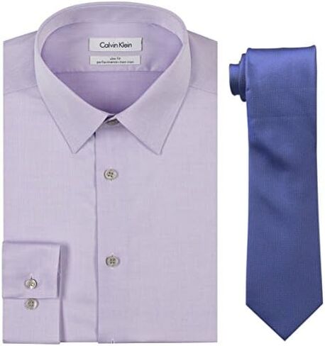 Calvin Klein Men's Slim Fit Herringbone Dress Shirt and Silver Spun Tie Combo in Saudi Arabia