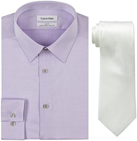 Calvin Klein Men's Slim Fit Herringbone Dress Shirt and Silver Spun Tie Combo in Saudi Arabia