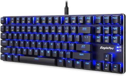 EagleTec EagleTec KG060-BR لوحة مفاتيح ميكانيكية بإضاءة خلفية LED زرقاء، درجة منخفضة 87 مفتاح لوحة مفاتيح USB مع مفاتيح بنية كرزية هادئة للكمبيوتر - (أسود) in Kuwait