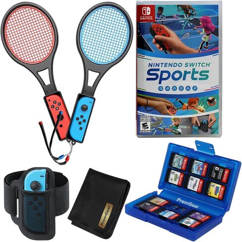 Nintendo Switch Sports Switch with Leg Strap accessory, 2 Tennis Rackets, 24 Slot Game Card Holder & PremGear Cleaning Cloth in Saudi Arabia