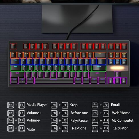كيبورد ميكانيكي للالعاب باضاءة خلفية LED بالوان قوس قزح، مفاتيح ميكانيكية زرقاء بسلك USB لاجهزة متعددة الجوال واللابتوب وويندوز وماك وبلاي ستيشن 4 in Kuwait