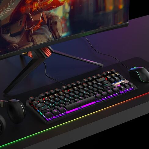 كيبورد ميكانيكي للالعاب باضاءة خلفية LED بالوان قوس قزح، مفاتيح ميكانيكية زرقاء بسلك USB لاجهزة متعددة الجوال واللابتوب وويندوز وماك وبلاي ستيشن 4 in Kuwait