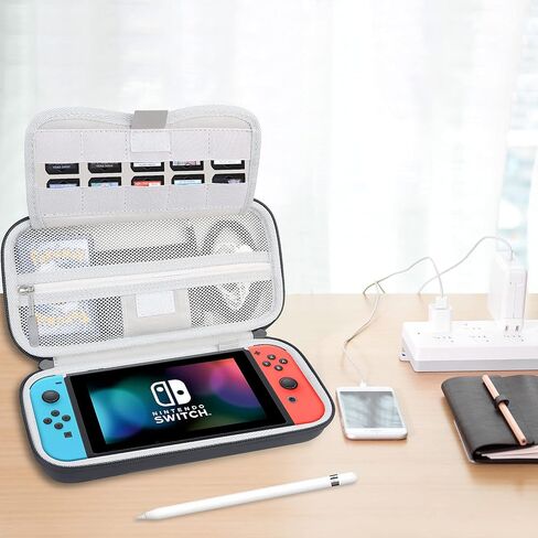 BOVKE Switch Case Compatible with Nintendo Switch /OLED Model, Hard Protective Nintendo Switch Carrying Case with Game Cartridges Storage & Playstand Function, Extra Mesh Pouch for Accessories, Grey in Kuwait