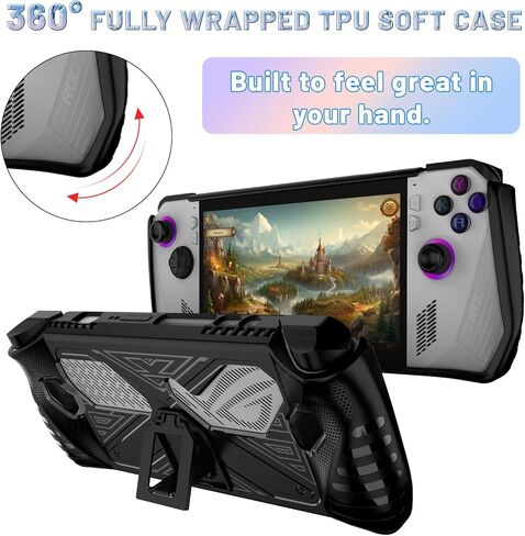 PAKESI Protection Case for ASUS ROG Ally - Rugged TPU with Built-in Stand for Game Handheld Console - Anti-Drop Shockproof Shell with 2 Pack Screen Protector (Black) in Kuwait