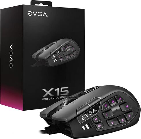EVGA X15 MMO Gaming Mouse, 8k, Wired, Black, Customizable, 16,000 DPI, 5 Profiles, 20 Buttons, Ergonomic 904-W1-15BK-K3 in Saudi Arabia