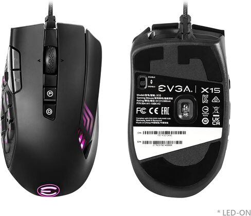 EVGA X15 MMO Gaming Mouse, 8k, Wired, Black, Customizable, 16,000 DPI, 5 Profiles, 20 Buttons, Ergonomic 904-W1-15BK-K3 in Saudi Arabia