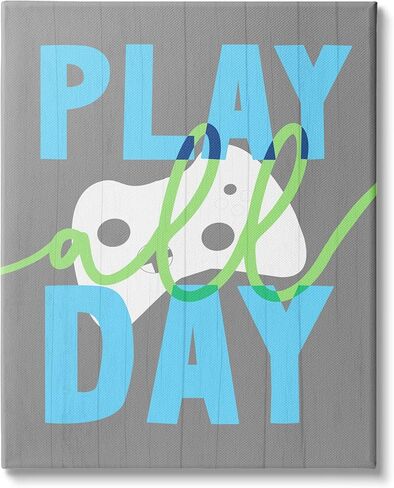 وحدة تحكم ألعاب الفيديو الريفية من Stupell Industries Play All Day Phrase، من تصميم Daphne Polselli لوحة فنية جدارية من القماش، مقاس 16 × 20، أبيض in Saudi Arabia