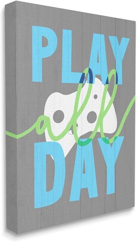 وحدة تحكم ألعاب الفيديو الريفية من Stupell Industries Play All Day Phrase، من تصميم Daphne Polselli لوحة فنية جدارية من القماش، مقاس 16 × 20، أبيض in Saudi Arabia