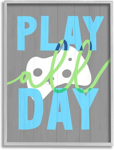وحدة تحكم ألعاب الفيديو الريفية من Stupell Industries Play All Day Phrase، من تصميم Daphne Polselli، لوحة فنية جدارية مؤطرة باللون الرمادي، 16 × 20، أبيض in Saudi Arabia