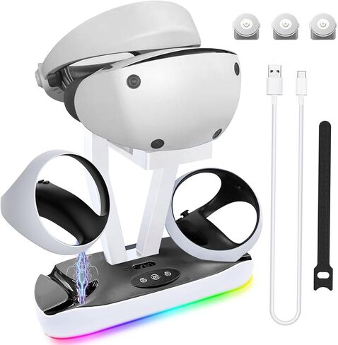 حامل محطة شحن PSVR2 مع ضوء RGB ووحدة تحكم PS-VR2، قاعدة شحن مغناطيسية سريعة وحامل عرض لسماعة الواقع الافتراضي، قاعدة شحن مزدوجة لجهاز PSVR2 مع ضوء LED، 3 قطع موصل مغناطيسي، كابل نوع سي in Saudi Arabia