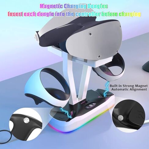 حامل محطة شحن PSVR2 مع ضوء RGB ووحدة تحكم PS-VR2، قاعدة شحن مغناطيسية سريعة وحامل عرض لسماعة الواقع الافتراضي، قاعدة شحن مزدوجة لجهاز PSVR2 مع ضوء LED، 3 قطع موصل مغناطيسي، كابل نوع سي in Saudi Arabia