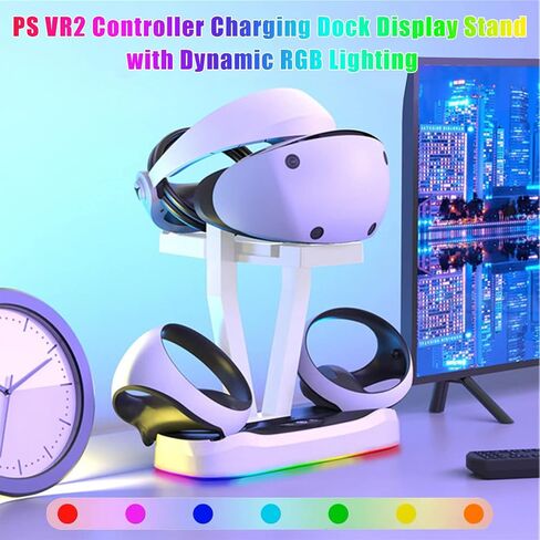 حامل محطة شحن PSVR2 مع ضوء RGB ووحدة تحكم PS-VR2، قاعدة شحن مغناطيسية سريعة وحامل عرض لسماعة الواقع الافتراضي، قاعدة شحن مزدوجة لجهاز PSVR2 مع ضوء LED، 3 قطع موصل مغناطيسي، كابل نوع سي in Saudi Arabia