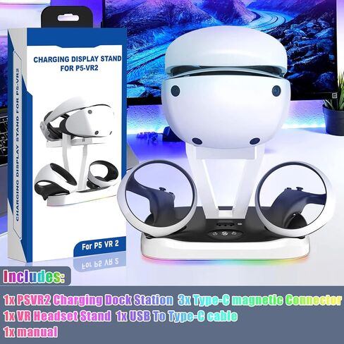حامل محطة شحن PSVR2 مع ضوء RGB ووحدة تحكم PS-VR2، قاعدة شحن مغناطيسية سريعة وحامل عرض لسماعة الواقع الافتراضي، قاعدة شحن مزدوجة لجهاز PSVR2 مع ضوء LED، 3 قطع موصل مغناطيسي، كابل نوع سي in Saudi Arabia