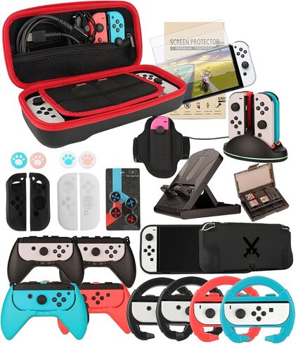 Accessories for Nintendo Switch OLED, Arisll Family Bundle Carry Case& Screen Protector,4 Pack Joy Con Grips and Steering Wheels, Case Cover,Joy Con Charger and More for Switch OLED(30 in 1), Red in Kuwait