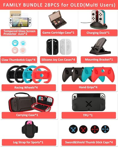 Accessories for Nintendo Switch OLED, Arisll Family Bundle Carry Case& Screen Protector,4 Pack Joy Con Grips and Steering Wheels, Case Cover,Joy Con Charger and More for Switch OLED(30 in 1), Red in Kuwait