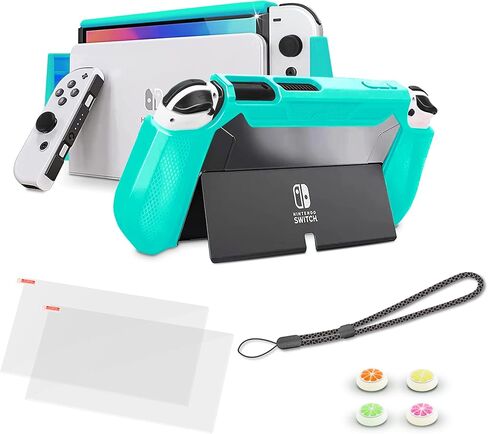 حافظة Innoc Switch OLED حافظة واقية قابلة للإرساء وغطاء واقي مقاوم للصدمات لجهاز Nintendo Switch OLED Model 2021 مع 2 واقي شاشة وأغطية إبهام، وقبضة TPU مريحة مع فتحات بطاقة الألعاب (أسود) in Saudi Arabia