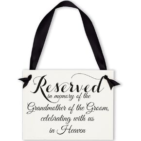 Wedding Memorial Sign for Mother of the Groom Celebrating From Heaven - Black Font on White Linen Cardstock Paper with Black Satin Ribbon 11x8.5 inches
