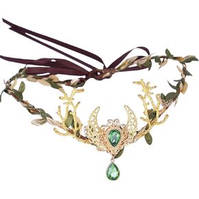 MOSTORY Handmade Black Moon Elf Crown - Woodland Fairy Headpiece Forest Flower Circlet Celtic Tiara for Women Witch Renaissance Halloween Cosplay Costumes