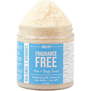 Mojo Spa Fragrance Free Face and Body Scrub | No Scent, Vegan Friendly | Moisturizing Sugar Based Exfoliator for Sensitive Skin | 10 oz