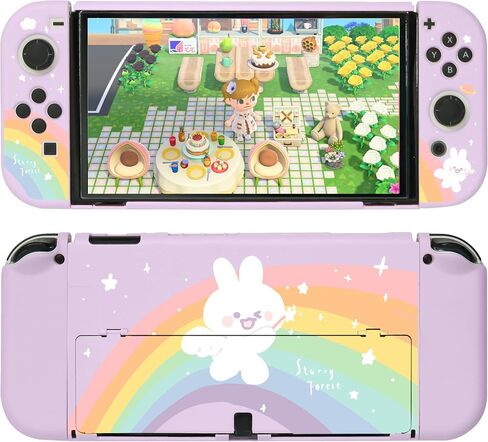 حافظات حماية لطيفة من Starry Forest لجهاز Nintendo Switch OLED مع أغطية عصا Joycon، غطاء صلب من البلاستيك الأرجواني لوحدة تحكم Switch OLED، أرنب قوس قزح (لجهاز Switch OLED) in Saudi Arabia